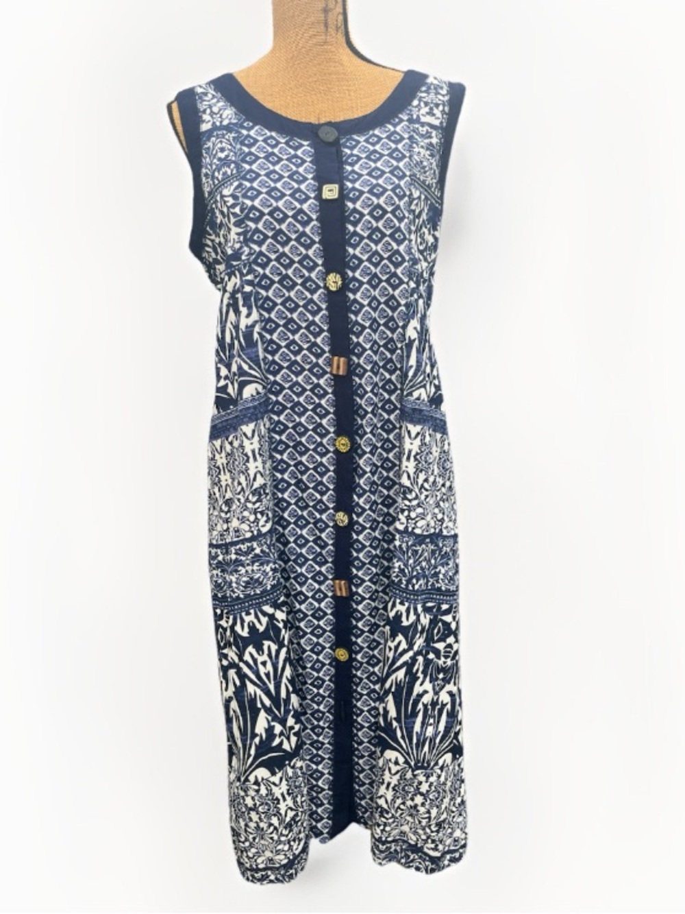 Vermont Country Store Midi Shift Dress Boho Button Front Blue White Size Large